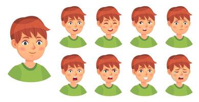 jongen emoties set, gelukkig huilen en boos vector