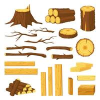hout boomstammen en planken. rauw materialen voor timmerhout industrie, logboeken, stronken, boom stompjes met schors en houten bars. tekenfilm brandhout vector reeks