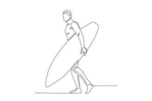 een Mens brengt een surfboard naar de strand vector