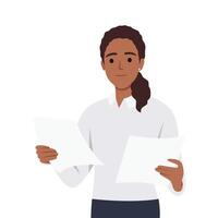 professioneel jong zakenvrouw klerk manager accountant leest verslag doen van zoeken documenten contracten. vector