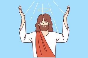 Jezus Messias van christen religie verhoogt handen omhoog, aankondigen begin vervulling profetieën vector