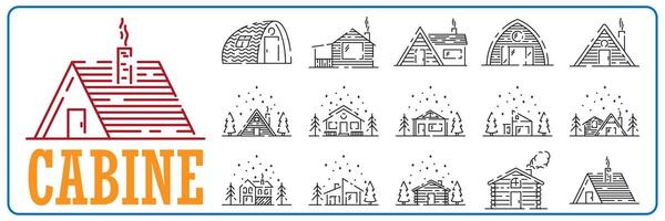 log cabine vector lijn icoon set. winter, voorjaar of herfst houten huis en camping.