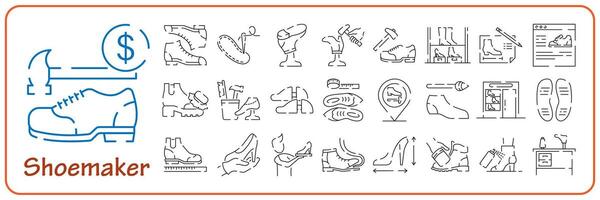 schoenmaker lijn icoon set. schoenen verkoper lijn icoon vector. schoenen verkoper teken. geïsoleerd contour symbool zwart illustratie. vector