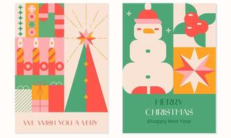 Kerstmis modern ontwerp, vakantie cadeaus, winter elementen, kaarsen, Kerstmis boom, sok, sneeuwpop, kerstmis decoraties.geometrisch vector