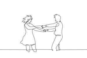 Mens en vrouw in jurk Holding handen dansen in de wind - een lijn tekening vector. concept een paar van geliefden of heterosexual vrienden hebben pret in natuur, dans in de winderig buitenshuis vector