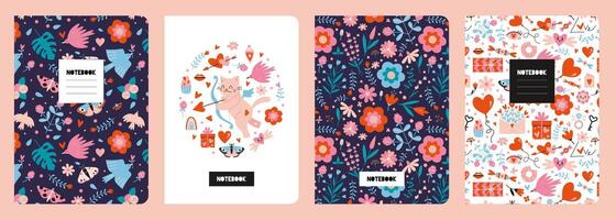 modieus covers reeks Aan een romantisch thema, tekenfilm stijl vector illustratie. koel ontwerp met bloemen naadloos patronen en schattig liefde voorwerpen. voor notitieboekjes, planners, brochures, boeken, catalogi