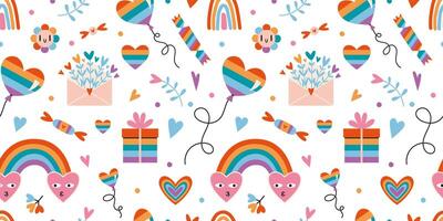 lgbt naadloos patroon met schattig regenboog romantisch elementen Aan een wit achtergrond, tekenfilm stijl. modieus modern vector illustratie, hand- getrokken, vlak