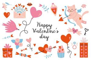 gelukkig Valentijnsdag dag set. veel divers romantisch voorwerpen Leuk vinden harten, ballonnen, Cupido, cadeaus en snoepgoed, tekenfilm stijl. modieus modern vector illustratie geïsoleerd Aan wit, hand- getrokken, vlak