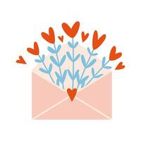 envelop met bloemen en harten. liefde brief. moeder en valentijnsdag dag groet. modieus modern vector illustratie geïsoleerd Aan wit achtergrond, hand- getrokken, vlak