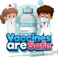 coronavirusvaccinatieconcept met stripfiguur en vaccins zijn veilig lettertype vector