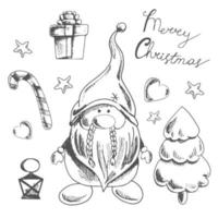 handgetekende kerstset, kabouter, kerstboom, geschenkdoos, hart, kerstsuikergoed, lantaarn, titel, ster. vintage vectorillustratie. vector