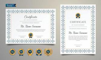 blauwe certificaatrandsjabloon met gouden badges vector