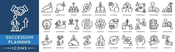 successie planning icoon set. inbegrepen de pictogrammen net zo successie strategie, leiderschap overgang, talent pijpleiding en successie beheer vector