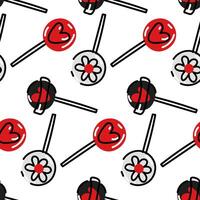 lolly patroon is tekening rood en zwart. ik liefde snoepgoed. naadloos patroon met lolly. hart, bloemen zoetheid. achtergrond voor Valentijnsdag dag en romantisch vakantie. hand getekend vector illustratie