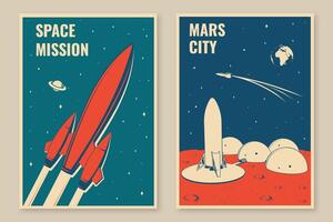 Mars stad en ruimte missie affiches, spandoeken, flyers. vector. concept voor shirt, afdrukken, stempel, bedekking of sjabloon. wijnoogst typografie ontwerp met ruimte raket en Mars stad silhouet. vector