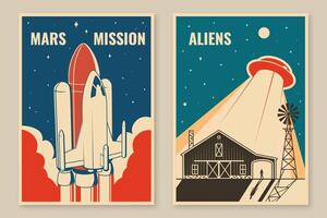 Mars missie affiches, spandoeken, flyers. vector. concept voor shirt, afdrukken, stempel, bedekking of sjabloon. wijnoogst typografie ontwerp met ruimte raket en ufo vliegend ruimteschip silhouet. vector
