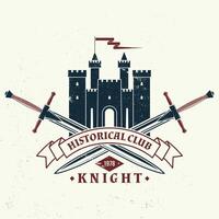 ridder historisch club insigne ontwerp. vector illustratie concept voor shirt, afdrukken, stempel, bedekking of sjabloon. wijnoogst typografie ontwerp met Zwaarden en kasteel silhouet.