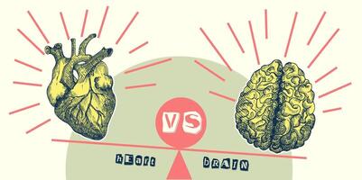 concept hart vs brein. wijnoogst ontwerp collage poster. mentaal Gezondheid en emotioneel welzijn symbolen. geest-hart balans hand- getrokken grafisch kunst. voor de helft toon en schetsen tekening stijl. vector illustratie