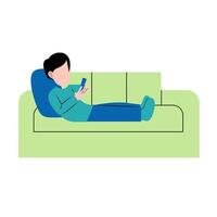 Mens spelen smartphone Aan sofa vector