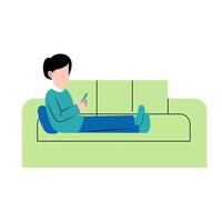 Mens spelen smartphone Aan sofa vector