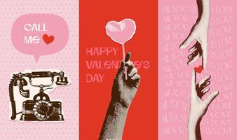 wijnoogst reeks van Valentijnsdag dag groet kaarten of verhalen covers met halftone handen en retro telefoon. hedendaags Valentijn creatief collage met romantisch citaten. vector gemengd media illustratie