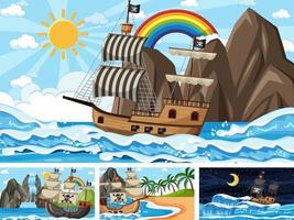 set oceaanscènes op verschillende tijdstippen met piratenschip in cartoon-stijl vector