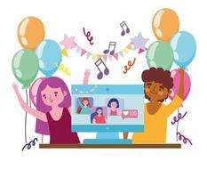 virtueel feest, gelukkig paar dat feestelijk viert met mensen die via de computer zijn verbonden vector