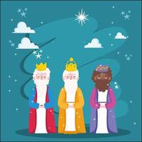 kerststal, drie wijze koningen nachtsterren kribbe cartoon vector