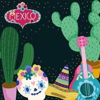 mexico dag van de dode suiker schedel gitaar hoed cactus decoratie cultuur traditioneel vector