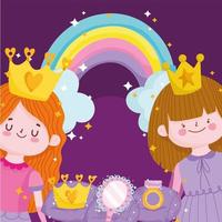 prinsessen verhaal cartoon met kroon spiegel regenboog en ring vector