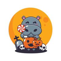 nijlpaard met halloween pompoen kostuum. schattig halloween tekenfilm illustratie. vector