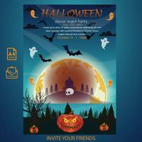 halloween nacht partij uitnodiging card.spookachtig, griezelig, achtervolgd, heks, geest, skelet, eng, horror, vol maan, truc of traktatie poster illustratie. vector