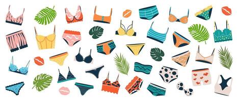 bundel van vrouw lingerie sets geïsoleerd Aan wit achtergrond. verzameling van elegant ondergoed, sexy ondergoed, bh's, bikini en slipje voor Dames. hand- getrokken kleurrijk vlak vector illustratie.