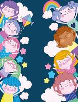 gelukkige meisjes en jongens regenboog vlieger sterren geluk tekenfilm, kinderen vector