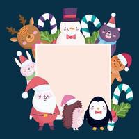 vrolijk kerstfeest, schattige karakters, dieren, zuurstokken en hulstbanner vector