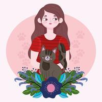 schoonheid vrouw portret met kat cartoon, huisdier concept vector