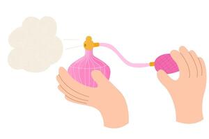 hand- Holding een roze parfum. Keulen en geur, geur.internationaal geur dag. vector