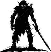 ai gegenereerd silhouet kabouter mythisch ras van spel krijger met zwaard zwart kleur enkel en alleen vector