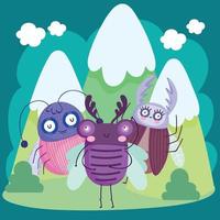grappige insecten dieren in landschap met bergen cartoon vector