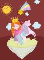 prinses verhaal met kroon eenhoorn ster en zon cartoon vector