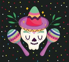 mexico dag van de dode schedel met hoed en maraca feestelijke cultuur traditioneel vector