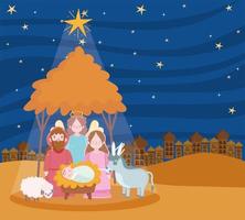 kerststal, kribbe scène mary joseph baby engel en dieren cartoon vector