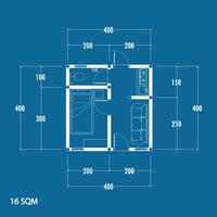 verdieping plan blauwdruk type 16 m², figuur van de aantekeningen maken schetsen van de bouw en de industrieel skelet van de structuur en dimensies. vector eps 10