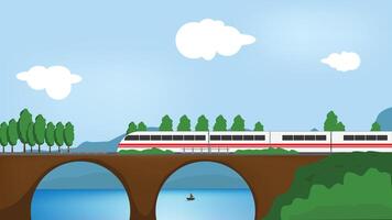 een snel trein is voorbijgaan door een brug met mooi keer bekeken vector