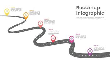 routekaart infographic sjabloon ontwerp met 6 stappen en pictogrammen vector