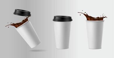 3d realistisch vector icoon illustratie. papier koffie cups geopend en Gesloten met koffie plons.