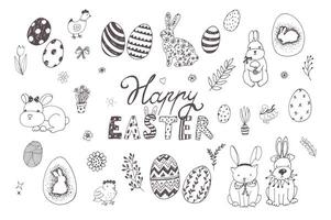 Pasen eieren, konijnen, kip, bloemen voorjaar vector lijn illustraties set.
