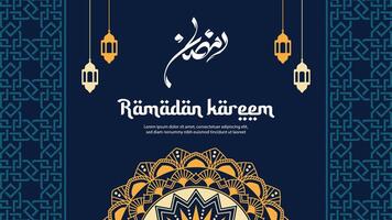 Ramadan kareem groet kaart of poster sjabloon met mandala en kalligrafie. vector illustratie