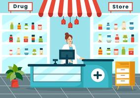 drug op te slaan vector illustratie met winkel voor de uitverkoop van drugs, een apotheker, geneesmiddel, capsules en fles in gezondheidszorg vlak tekenfilm achtergrond