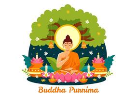 gelukkig Boeddha purnima vector illustratie van vesak dag of Indisch festival naar geestelijk met in een diep meditatie in vlak tekenfilm achtergrond